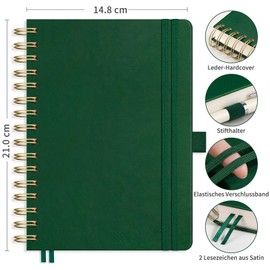 RETTACY Notebook A5 Squared, Bullet Journal with 100 g/m² Thick Paper, 150 Sheets, College Pad for Office and School, Leather Cover, Dark Green, 14.8 cm x 21 cm