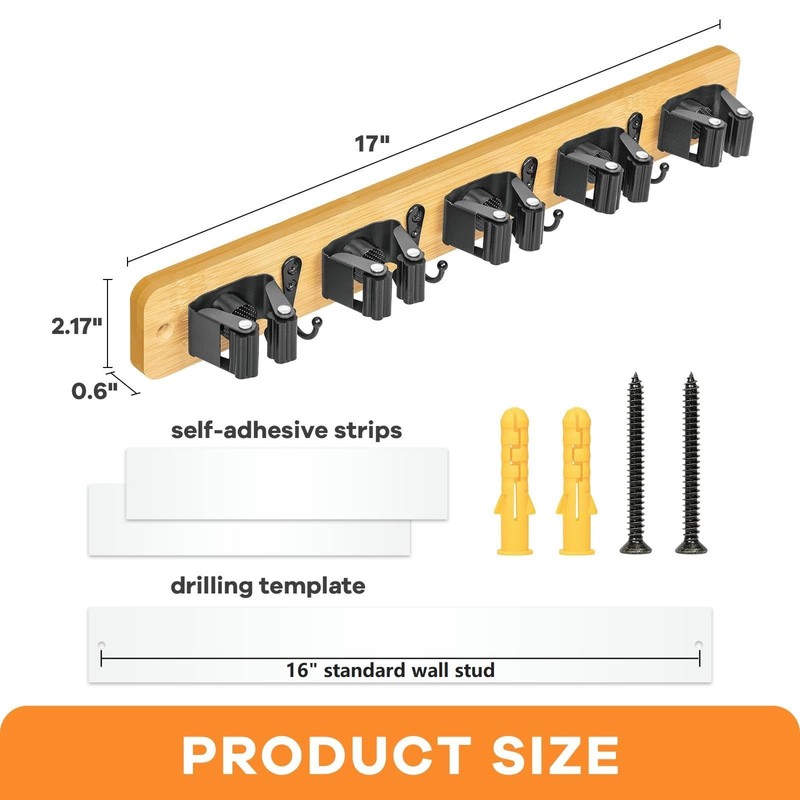 IMILLET Broom Holder Wall Mount, Bamboo Broom Hanger with 5