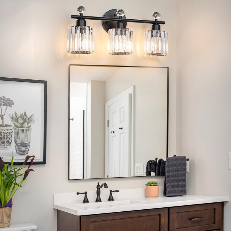 Modern 3 Light Crystal Vanity Light,Black Vertical Bathroom Light Fixture