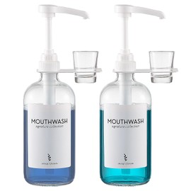 Onsogi Glass Mouthwash Dispensers with Cup Holders and Pumps, 16 Oz Rustic Boho Mouthwash Dispensers for Bathroom Farmhouse Decor - 2 Pack Clear