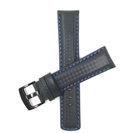 Bandini 24mm Mens Italian Leather Watch Band Strap - Carbon Fiber - Black with Blue Stitch - Black Buckle