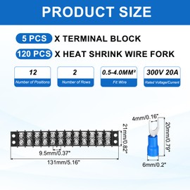 MECCANIXITY 5Pcs Terminal Block 300V 20A Dual Rows 12P Circuit Screw Terminals Barrier Strip PA66 with 120Pcs 16A Heat Shrink Wire Fork Connectors for Wire Connect