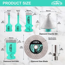 LEKOMESH Tile Hole Saw Kit for Porcelain Tile - (6/6/20/35+50mm Chamfer Bit+Adapter+Tile Blade) Tile Hole Saw Kit Diamond Precision Cutting for Porcelain Ceramic Marble Granite,5/8"-11 Thread