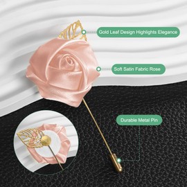 M METERXITY 24-Pack Flower Lapel Pins for Men, Golden Leaf Rose Boutonnieres Pin Groom Boutonnieres for Wedding/Dance/Party, Men Lapel Pins for Suits Satin Flower Corsage [Korean Pink]