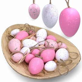 MIJOMA 20 Piece Easter Egg Set - Realistic Looking Plastic Eggs with Jute Ribbon - Egg Shaped Bowl - Perfect Easter Decoration for Hanging & Decorating (Pink Shades)