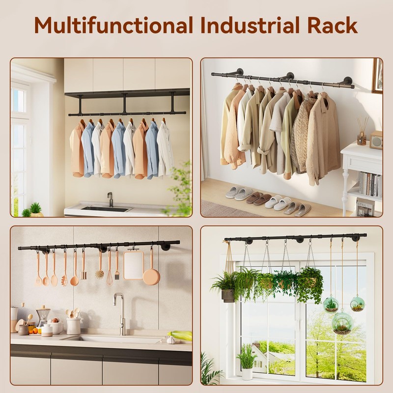 IBUYKE Industrial Pipe Clothes Rack, 61.4 Inch Wall Mounted Clothing