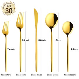 OIULO 30-Pieces Gold Flatware Set, Gold Silverware Set for 6,Tableware Fine Dining Utensil Set Include Knives Forks and Spoons,Circular Fine Handle Cutlery Decorate Wedding Mirror Polished,Dishwasher