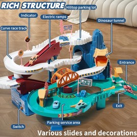 Full Size Dinosaur Hill Car Ramp Track - Large Race Track Preschool Construction Play Set, Features 4 Mini Racers and Vibrant Tracks, Perfect for Kids Car Ages 3+