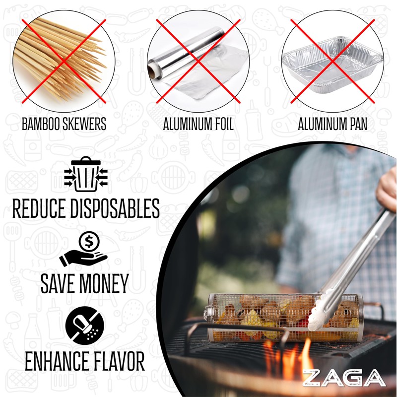 ZAGA Rolling Grill Baskets for Outdoor Grilling 2 Pcs Set