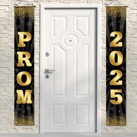 Prom Banner Decorations 2025 Black Gold Prom 2025 Door Banner Graduation Porch Sign for Indoor Outdoor 2025 Graduation Party Supplies