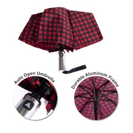 Nollia Windproof Automatic Travel Umbrella, Compact Portable with Reinforced Ribs for Sun & Rain-Red Gingham