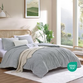 CozyBloom Super Soft Fluffy Reversible Fleece Twin Comforter Set 68" x 90", Solid Flannel Velvet Thick Warm Bedding Sets for Winter, 3 Pieces Jacquard Textured Cozy Fuzzy Comforter Set for Bed, Grey