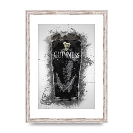 Lithobee - Guinness Pint Splatter - Printed Wall Art Design in Sizes A2, A3 & A4 Framed in a Stylish Quality Coloured Frame or Unframed (A3 White Distressed Frame)