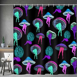 Funny Hippie Psychedelic Mushroom Shower Curtain Bathroom Decor, Cute Butt Tattoo Vegetarian Botanical Vegan Flash Mushroom Bathroom Curtain, Fabric Shower Curtain Sets with Hooks 69x70inches (Black)