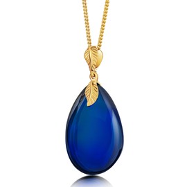 Amber by Mazukna - Blue Amber Pendant Necklace for Women, 18 inches Gold Plated Sterling Silver Chain, Dark Blue Gemstone Drop Pendant, Dainty Ladies Jewelry (18")