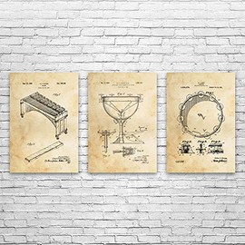 Percussion Instrument Posters Set of 3 (8x10), Musician Gift, Marimba Decor, Music Class Art, Music Teacher Gift, Patent Prints Vintage Paper