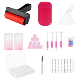 SuSentak 46 PCS Diamond Art Tools Kit, Complete Accessories Set with Multi-Tool Tweezers, Wax Pen, Storage Containers, Trays, Roller, Anti-Slip Mat for Adults Kids Beginners Art Crafts(Pink)
