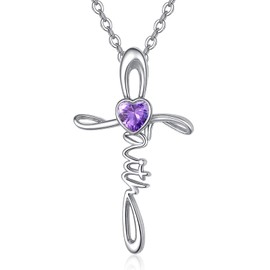 TANGPOET February Birthstone Amethyst Faith Cross Necklace Jewellery for Women Girls 925 Sterling Silver Cross Pendant Christian Gifts for Birthday Mother's Day Christmas Baptism Confirmation