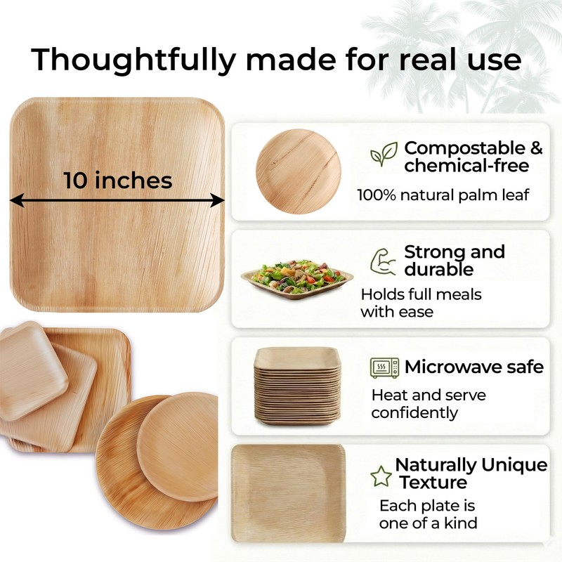 Indie Palm 10 Inch Square Disposable Palm Leaf Plates –