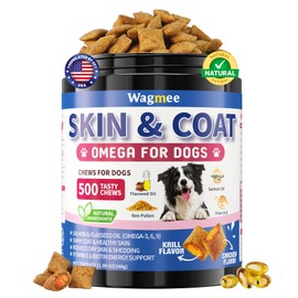 Omega 3 for Dogs, 500 Chews Skin & Coat Supplement for Dog, Salmon Flaxseed Fish Oil for Dogs, Dry & Itchy Skin Relief, Allergy Support Anti Shedding - Vitamin E- EPA & DHA - Chicken Krill Flavor
