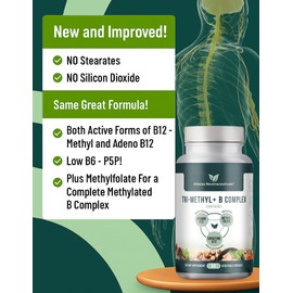 Tri-Methyl+ B Complex Methylated B Vitamins - Full Spectrum Methyl B Complex Vitamin Supplement For MTHFR Support with Active Forms of B12 Methylcobalamin, Adenosylcobalamin, and Methylfolate