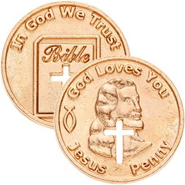 Jesus Penny with Cut-Out Cross - Copper Coin Pack of 50 Coins - in God We Trust