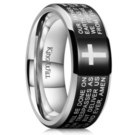 King Will 8mm Lord's Prayer Cross Ring Stainless Steel Ring Black Silver Wedding Band Bible Engraved Rings High Polished 11