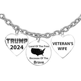 Trump 2024 Stars And Stripes Silvertone Heart, Land Of The Free Because Of The Brave, Veteran Wife Heart On A Adjustable Cable Chain Necklace, What A Great Gift For Yourself, Or Someone Special