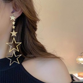 W WEILIRIAN Crystal Star Pendant Earrings Boho Long Star Earrings Hollow Star Drop Earrings Asymmetric Star Earrings Women Jewellery for Girls, Alloy Steel, Artificial Gemstones