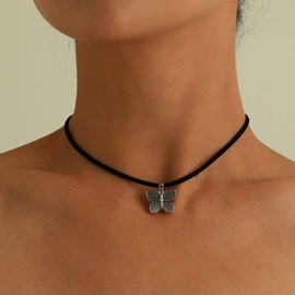 Cybche Vintage Butterfly Choker Necklace Black Velvet Necklace Choker Silver Butterfly Pendant Necklace Short Black Suede Necklace Filigree Butterfly Necklace Chain Jewellery, Zinc