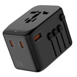 Universal Travel Adapter, GaN Charger 65W International Plug Adapter with 3 USB-C PD and 1 USB-A QC, Travel Charger with Worldwide US/EU/UK/AU Plug Adapter