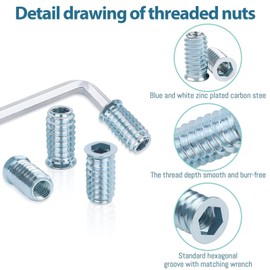 Pack of 20 Screw Nuts M10 x 25 mm, Leryati Threaded Insert Wood, Screw-In Sleeves Thread Inserts, Screw Sleeve Zinc Alloy Impact Nut Hexagon Socket Screw Thread Nuts for Wooden Furniture