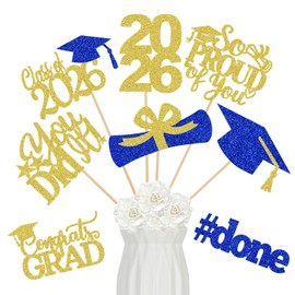 24Pcs Blue and Gold 2026 Graduation Centerpieces Sticks, Graduation Party Centerpieces for Tables 2026 Blue and Gold Class of 2026 Graduation Table Centerpieces Decorations