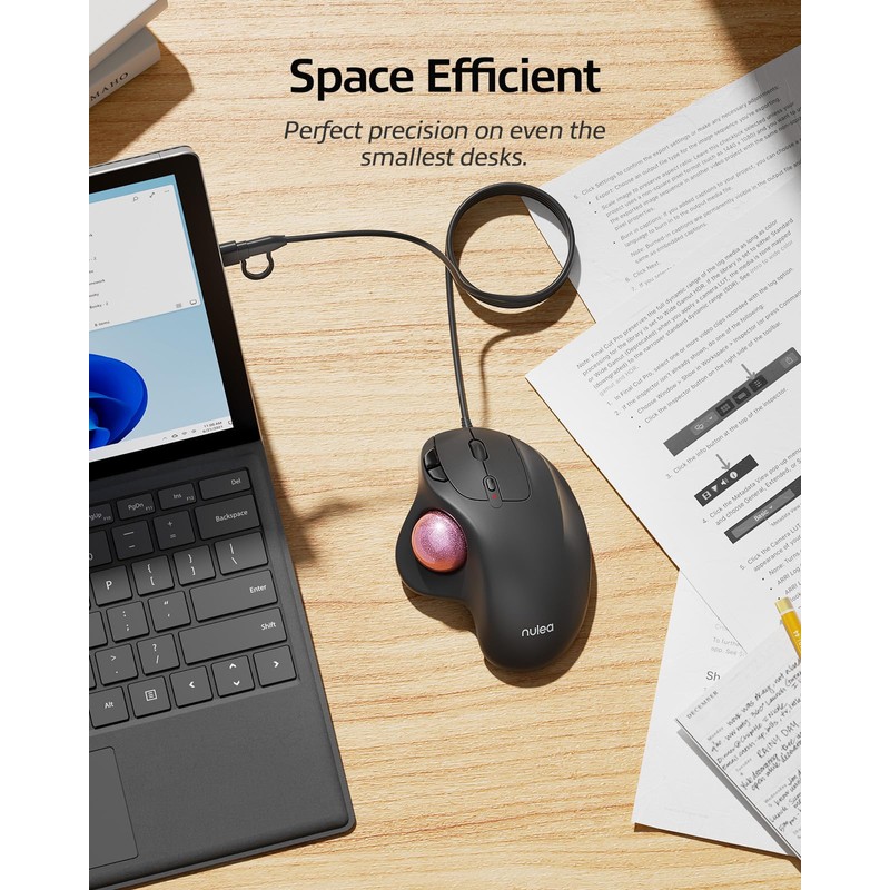 Nulea M509 Trackball Mouse Wired, Ergonomic Design, Easy Thumb Control,