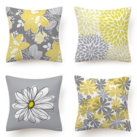 Bright Creations Cushion Covers Set of 4 Grey and Yellow Daisy Floral Pattern Decorative Throw Pillow 18 X Inch Square Case Linen Shell for Sofa Bedroom Living Room Decor