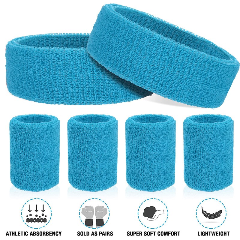 ASTER 6Pieces Light Blue Sweatband Set, Sports Headband Wristband Set,