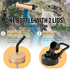 NOLOGLAZIC Glass Water Bottles with Straw -24oz- Water Bottle Phone Holder for Gym Sports Water Bottles with Silicone Sleeve Glass Drinking Bottles 2 Lids - Spout & Bamboo Straw Lid(Black)