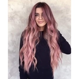 colorful panda Long Pink Wigs for Women Natural Synthetic Hair Ombre Pink Wig with Dark Roots Synthetic Wig Loose Wavy Wigs Heat Resistant 26 Inches