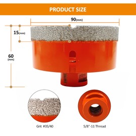 Dry Diamond Core Drill Bits,BGTEC 1pc 3-1/2" 90mm Diamond Hole Saw with 5/8-11 Thread for Porcelain Tile,Ceramic Granite Marble Stone Masonry Brick