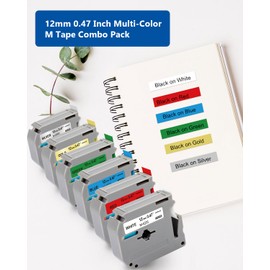 6-Pack M 12mm 0.47 Inch Tape Replacement for Brother M-K231 M-K431 M-K531 M-K731 M-K831 M-K931 Refills for P Touch PT-45 PT-65 PT-70 PT-80 PT-M95 Label Maker, Black on White/Red/Blue/Green/Gold/Silver