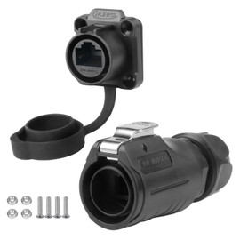 CNLINKO LP-20 RJ45 Waterproof Connector Set, CAT6 Ethernet Connector 8P8C Dual Port Connector Panel Mount Receptacles Socket IP68 Waterproof Connector (Black RJ45 4-Hole Set)