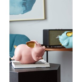 HAUCOZE Piggy Bank Coin Bank Pig Statue Gifts Polyresin Home Decor Arts Pink 8.3 inch