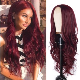 T-color Long Wine Red Wavy Wig for Women 26 Inch Middle Part Curly Wavy Wig Natural Looking Synthetic Heat Resistant Fiber Wig for Daily Wear, Party, Cosplay