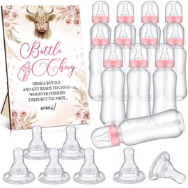 TrelaCo Cool Baby Shower Games Bottle Chug Sign and 12 Pcs Baby Bottle Shower Favor Baby Bottles for Baby Shower Games Gender Reveal (Highland Cow)