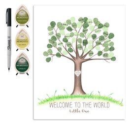 Baby Shower Fingerprint Tree Guestbook Alternative, Thumbprint Tree with Ink Pads for a Gender Neutral Baby Shower Keepsake, 11x14 Inch