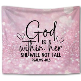 Foritho Sparkling Pink Christian Tapestry, God Is Within Her She Will Not Fall Bible Verse Tapestry Wall Hanging, Religious Wall Tapestries for Girls Bedroom Dorm Home Decor, 50x60 Inch