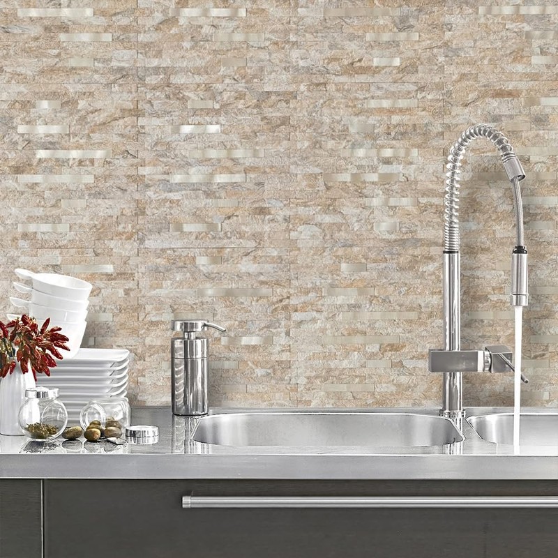 AULIGET Faux Stone Peel and Stick Backsplash, Sandstone with Metal
