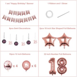 Pargleev 18th Birthday Decorations for Boys Girls,32in Number 18 Birthday Foil Balloons with Swirl Decorations Happy Birthday Banner and Star Foil Balloons 10PCS Confetii and Latex Balloons Rose Gold
