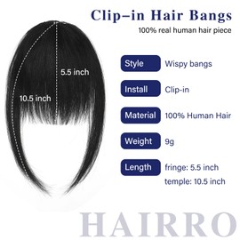 Hairro Clip In Bangs, 100% Real Human Hair Dark Black Clip On Wispy Fringe Bangs With Temples Short Hairpieces Natural Flat Neat Bangs Remy Hair Extensions For Women Daily Use French Wispy Bangs