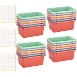 Outus 24 Pcs 11.6 x 7.7 Inch Macaron Color Plastic Cubby Bins with Labels Classroom Stacking Bins Storage Container Book Bins for Classroom Preschool Office Home Organizer, 6 Colors